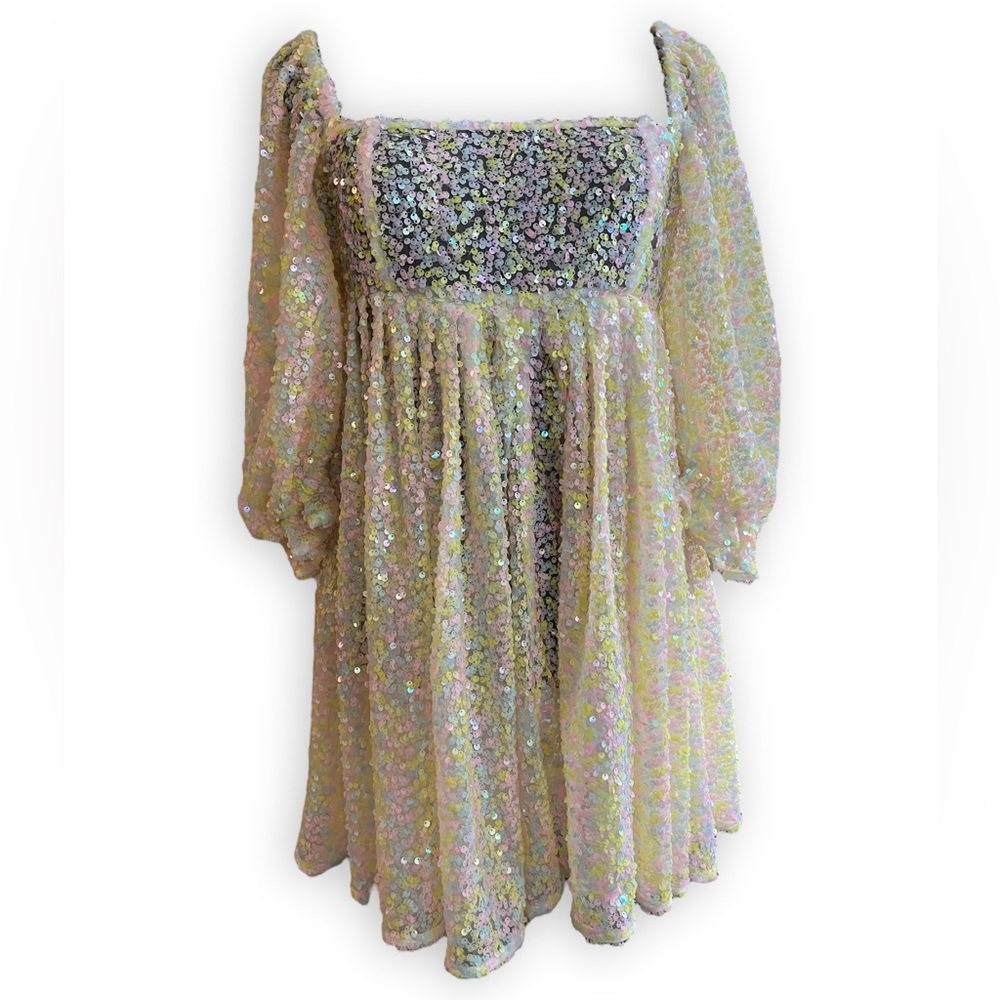 Selkie Rainbow Sequin Mini Puff Dress Size Large